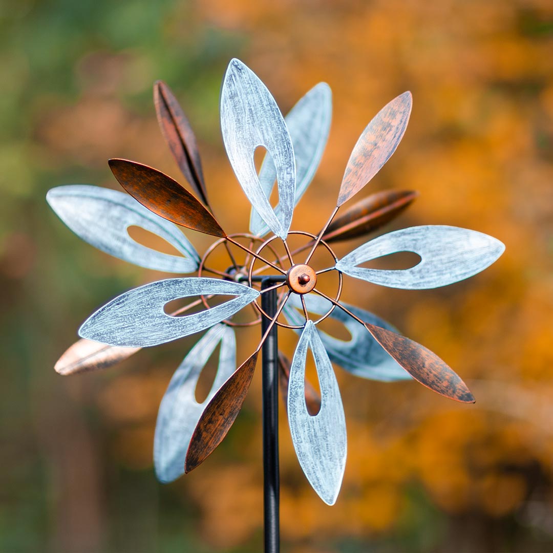Kinetic Art: Metal Wind Spinner: Copper Flower Duett