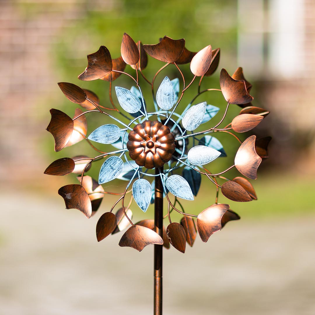 Kinetic Art: Metal Wind Spinner: Copper Dolphins Duett - Solar LED