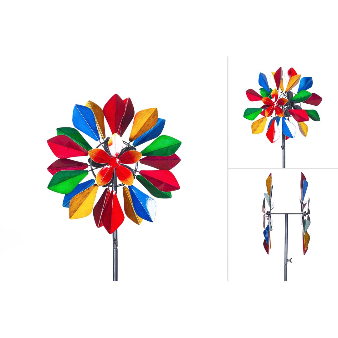 Kinetic Art: Metal Wind Spinner: Multi-colored Flower Duett